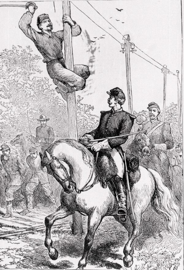 Drawing of troopers cutting telegraph wires.