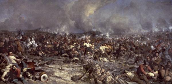An oil on canvas of an epic Civil War battle scene.