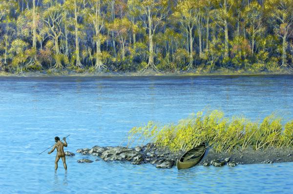 Background of diorama showing Native American spear fishing.