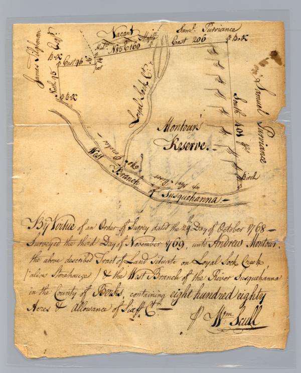 Andrew Montour's efforts to transform himself from an Indian interpreter into a wealthy landowner in western Pennsylvania are reflected in this 1769 survey of the 1,080 acres that Montour had received in Berks County the year before.  