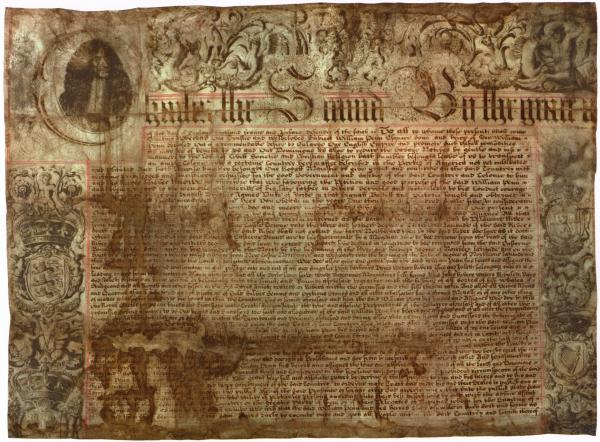 An elaborate, hand written document on parchment paper with a portrait of King Charles II in the upper left corner, and decorative borders.