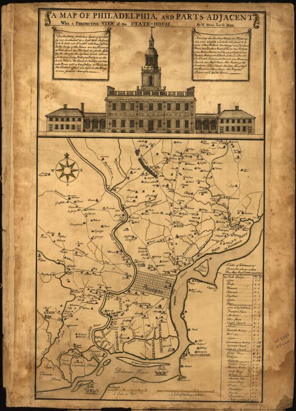 A hand-drawn map of the city of Philadelphia and surrounding areas. At the top of the map is a large drawing of Independence Hall.