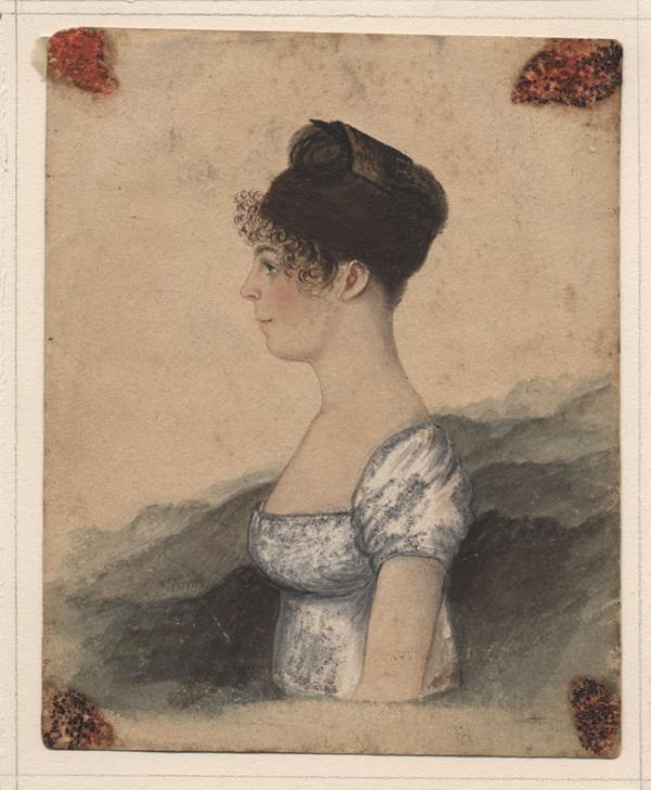 Watercolor profile portrait of Susanna Rowson.