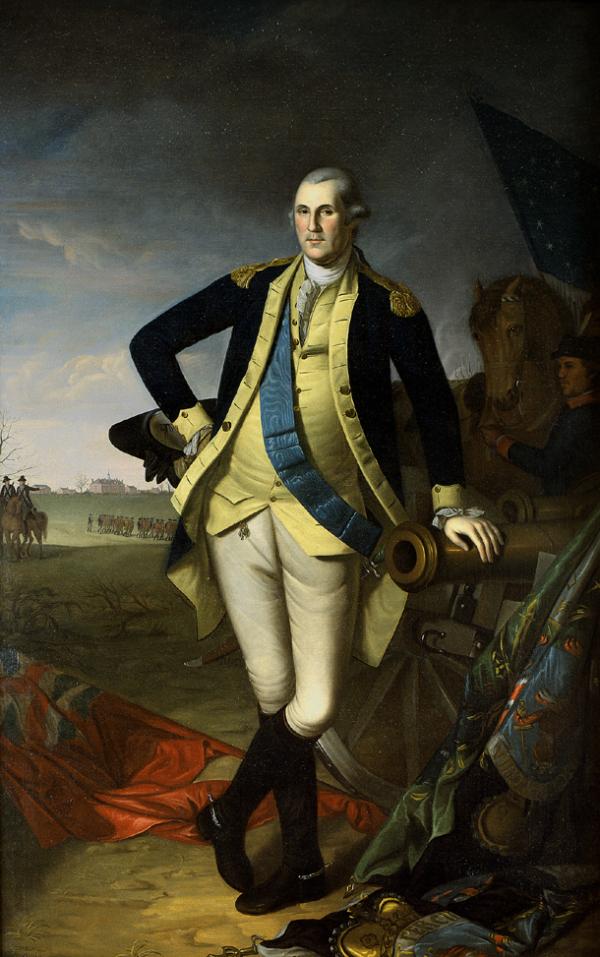 Oil on canvas of George Washington, standing, in uniform.