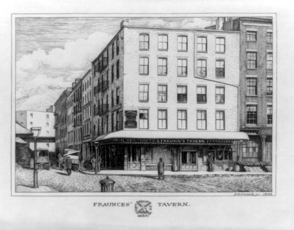 Engraving of Fraunces' Tavern, southeast corner Broad and Pearl Streets. 