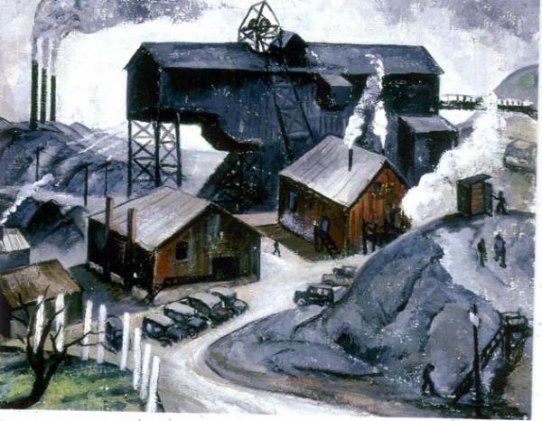 Oil on canvas of cars parked just beyond the entrance to a road that leads into the Coal Tipple. Scant figures of workers dot the landscape, as do buildings and smokestacks. 