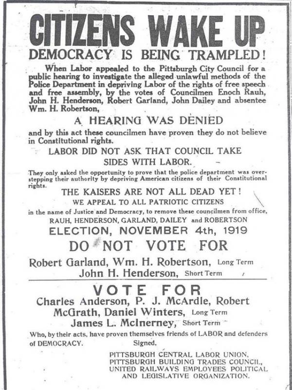 1919 flyer urging citizens to wake up and understand that democracy is being trampled.