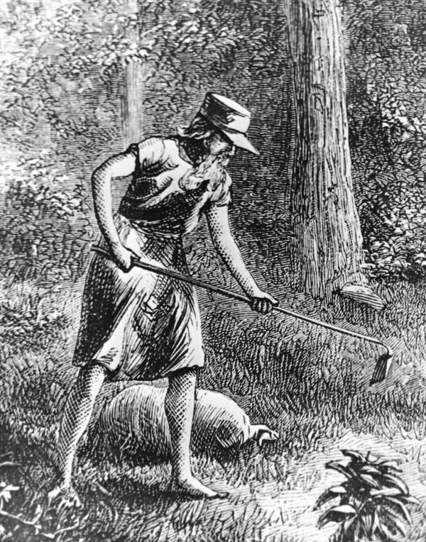 A sketch of Johnny Appleseed hoeing his seeds.