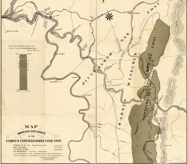 Map that details the Famous Connellsville Coal Vein that goes throughout several counties.  