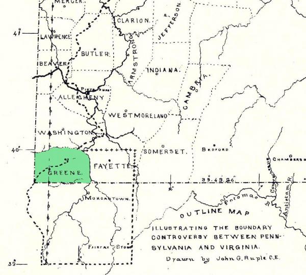 Green County highlighted on the map of Counties incorporated from 1784 Pennsylvania land purchase. 
