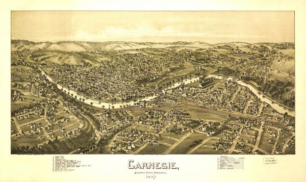 Birds eye view of the town of Carnegie, with numbered identification legend which includes the following: 
5. Electric Light and Power
6. Ice Plant
9. Chartiers Iron and Steel
10. Planing Mill and Lumber [Gilbert Martin]
11. Lumber Yard [John Davis]
12. M.C. and C. Co. #2
13. Grant Coal Company

