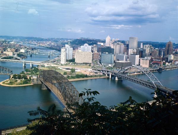 General view of the Golden Triangle from Mt. Washington. Photo shows the point where the Ohio River meets the Allegheny (left) and Monongahela (right) Rivers
