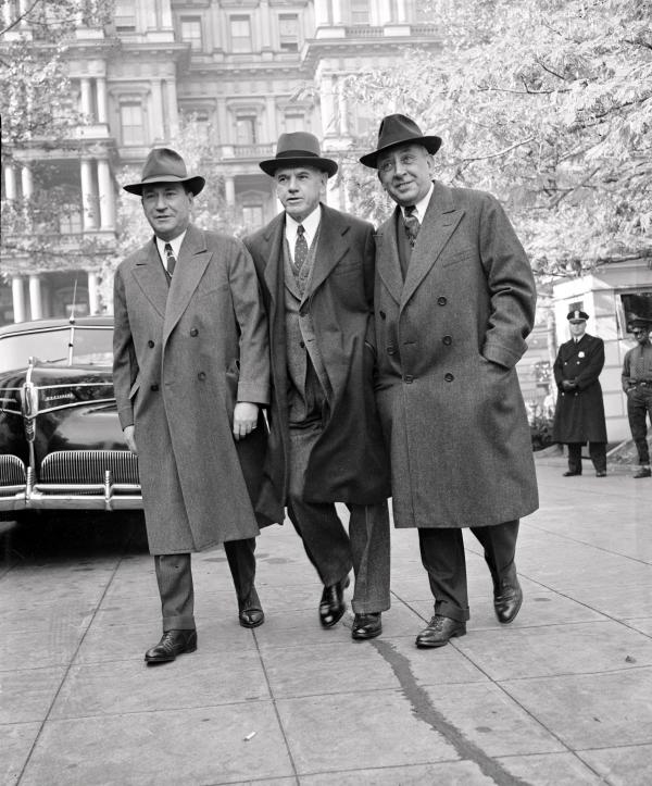 Benjamin Fairless, president of the U.S. Steel Corporation; Eugene G. Grace of the Bethlehem Steel Corporation; and Frank Purnell of the Youngstown Sheet and Tube Company, arriving at conference in Washington D.C., November 13, 1941.  