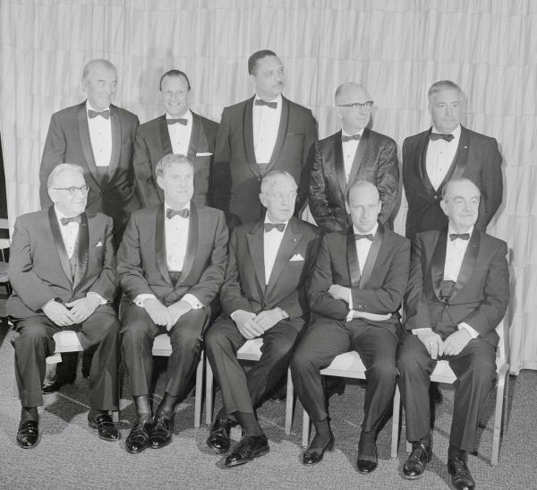 The recipients are pictured with Governor Raymond P. Schafer. Left to right are: (front) Dr. Herbert K. Cooper, Life Sciences award; Richard K. Mellon, Industrial Leadership award; Governor Shafer; Commander Charles "Pete" Conrad, Jr., Science and Technology award; Dr. Roy F. Nichols, Education award; (Rear) James Stewart, Performing Arts award; Stan "The Man" Musial, Athletics award; Reverend Leon Sullivan, Human Relations award; James Michener, Creative Arts award; and Walter Annenberg, Journalists award.
