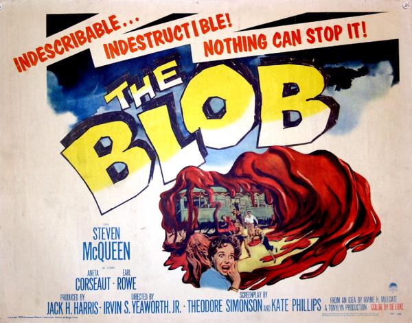 A movie poster depicting the Blob creature devouring a diner, while onlookers scream in terror.