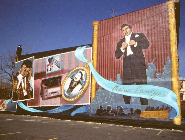"Suggesting a page in a fan's scrapbook, the Mario Lanza Mural at Broad and Reed Streets fuses a variety of images and artifacts to capture this south Philadelphia Natives versatile career as a singer, movie idol, and classical performer." 