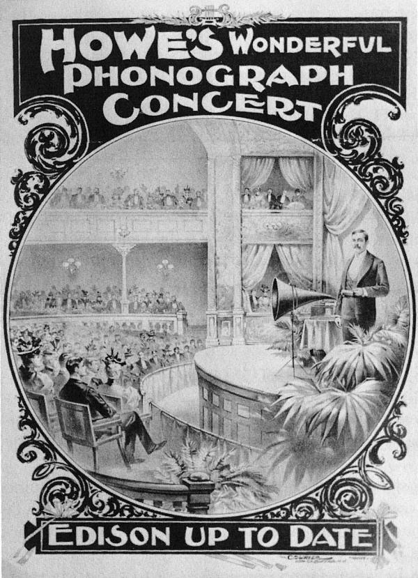 Poster depicting the phonograph demonstration on a stage with people sitting in an audience, and an advertisement. 