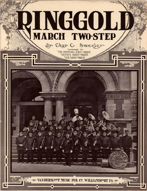 Cover of the sheet music depicting a big band ensemble standing in front of a building, wearing their uniforms, and holding their instruments. 