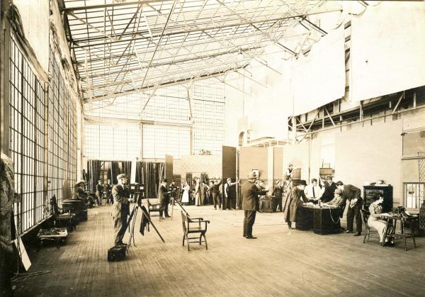 Betzwood studio in 1915, showing glass studio, 2 dark studios and western street scene in the background.
