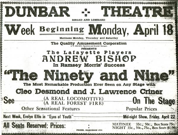 Advertisement for the Dunbar Theater of the Ninety and Nine. 