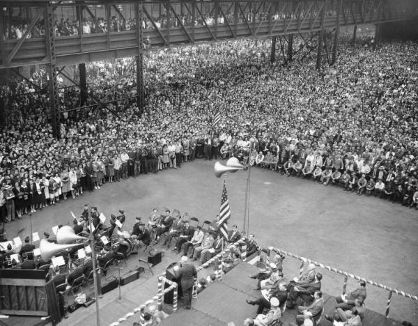 East Pittsburgh Westinghouse Plant Workers at a Rally for Full Production During World War II.
