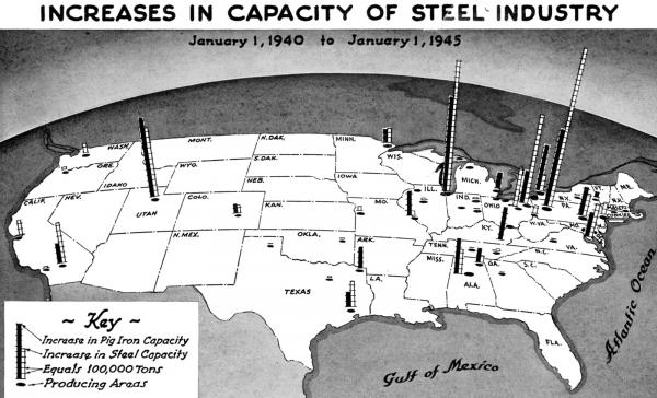 Map of US with histograms of steel production 1940-1945.  