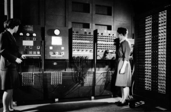Two women operating the ENIAC's main control panel while the machine was still located at the Moore School. Left: Betty Jennings (Mrs. Bryant) Right: Frances Bilas (Mrs. Spence) 