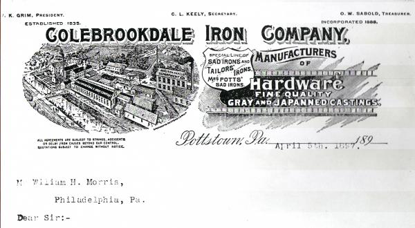 This invoice letter head reads: K. Grim, President, C.L. Keely, Secretary, O.W. Sabold, Treasurer.
Established 1835. Incorporated 1880.
Colebrookdale Iron Company.
Manufacturers if Hardware, Fine Quality Gray and Japanese Castings.
Dated Pottstown, Pa., April 5th, 1897. 
Special Line of SADIRONS and TAILORS IRONS, Mrs. Potts SADIRONS.
All agreements are subject to Strikes, Accidents, or Delay from causes beyond our control. 
 