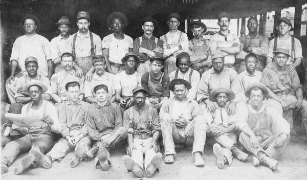 Workers at Robesonia Furnace. 
Top row left to right, 1. George Brigel, 2. Grieely Froelich, 5. Dan Wolf. 3, 4, 6, 7, 8, 9, 10 unknown. Middle Row left to right, 1-4 unknown, 5. Andrew York, 6-9 unknown. Lower row, left to right, 2. George Keffley. 