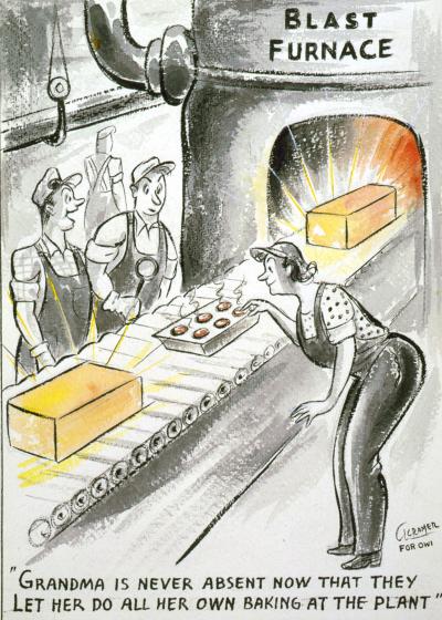 Two men wearing overalls watching a woman wearing overalls bending over a tin of muffins(?) she is feeding into a blast furnace. 