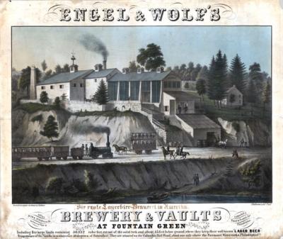 Engel and Wolf's brewery and vaults at Fountain Green. Including five large vaults containing 50,352 cubic feet cut out of the solid rock and about 45 feet below ground, where they keep their well known lager beer
