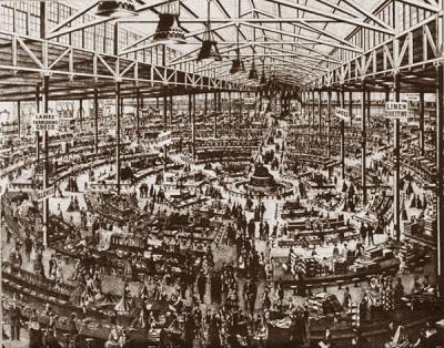 B/W sketch of interior of Wanamaker's Grand Depot department store, showing a bird's eye view of the various counters and sections. 
