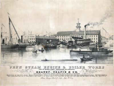 Lithograph on stone image of the Steam Engine and Boiler works, bordering the waterway, which is full of all kinds of ships, boats, and sailing vessels.   