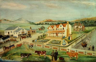 Beautiful painting of farmland scene with cows, farmers, fence, and carriages drawn by horses. There is a main, white, farm, house with a rust colored roof,a secondary house in back of the main house, and a white barn with a slate roof. Two women are standing in the main yard.