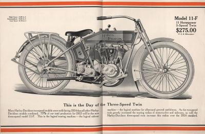 An ad advertising the new model.
This is the day of the three-speed twin. Model 11F, 11 Horsepower, three-speed twin. $275.00
