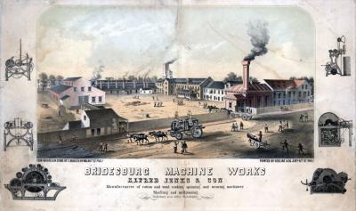 Advertisement showing the busy industrial complex established circa 1819 by Alfred Jenks and enlarged in 1853 on the east side of Richmond Street between Franklin & Locust streets in Bridesburg. A horse-drawn flatbed truck enters the courtyard of the U-shaped complex containing several buildings that are surrounded by wood fencing. Within the yard, clusters of workers transport boxes and planks of wood by hand near an unhitched wagon surrounded by crates. A carriage with driver waits near a smaller building, landscaped with trees and attached to one of the large workshops. Outside the complex, a driver handles a four-horse team plodding to pull a truck loaded with two large machines as other factory workers transport planks, carry crates, mill about with their tools, drive a dray, and stand at a shed facing the street. Also shows two gentlemen talking to a worker in the middle of the roadway, a worker carrying a box near abandoned carts in an adjacent courtyard, and several working smokestacks on the roofs of the works. Six vignettes of different types of textile machinery illustrate the side borders. Includes a single breaker card, loom, cotton card, railway drawing head, and ring frame thostle.