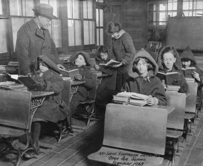 Children Read in the Open Air Classroom. Sidney Teller is On the Left.