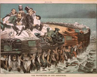 Cartoon showing Cyrus Field, Jay Gould, Cornelius Vanderbilt, and Russell Sage, seated on bags of millions, on large raft, and being carried by workers of various professions.
