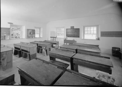 Interior, desks, blackboard, and teachers desk