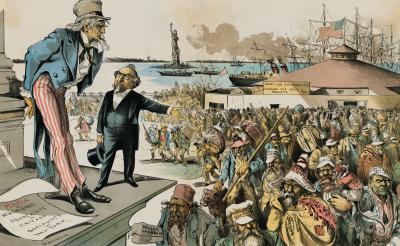 Cartoon shows a man holding a top hat in one hand and gesturing toward horde of arriving immigrants. He scolds Uncle Sam.