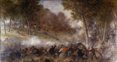 Oil on canvas painting of a battle scene. In the foreground are soldiers with their backs to the viewer and smoke from their gun fire is thick in front of them. In the far background, a fallen soldier lies on the ground while others are being wounded as they charge forward. A black dog leaps out ahead of the charging soldiers.