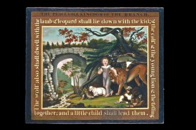 Oil on canvas of child and animals. Frame is inscribed with 