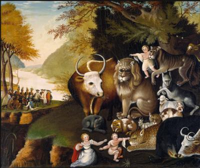 Oil on canvas of several small children, animals, and Penn's treaty in the left background. In this painting a child touches the head of a docile leopard and the animal faces seem collectively less fierce.
