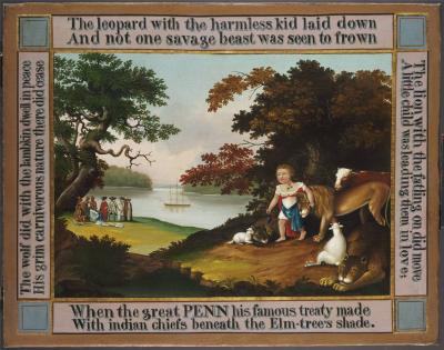 A child with the animals described in the inscription is the focus of the right foreground. Penn's treaty is in the left background and the ship can be seen close to shore.