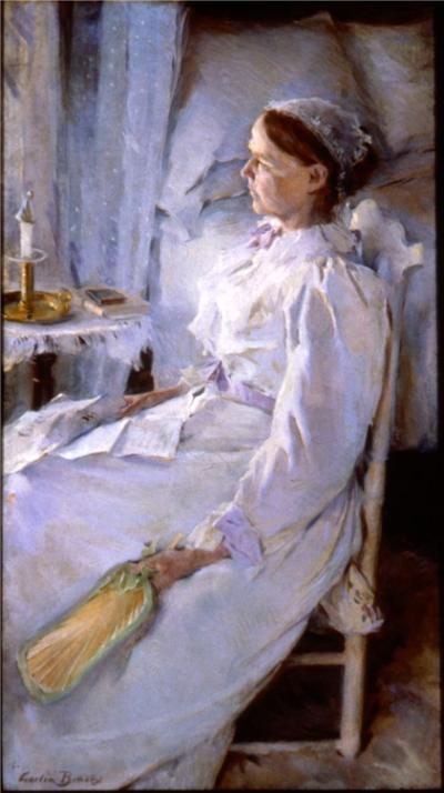 Oil on canvas depicting a frail woman sitting in a chair next to her bedside. A fan rests in her left hand.
 
