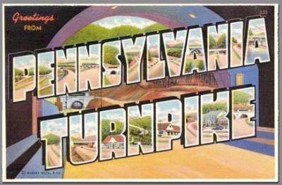 Greetings from the Pennsylvania Turnpike. The 160 mile Turnpike opened on October 1, 1940, and was America's first superhighway.