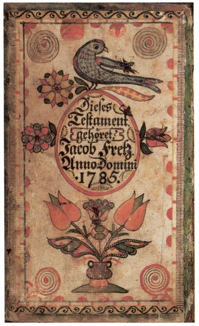 An ornate, hand-drawn bookplate, with birds, tulips, and gothic text in German.