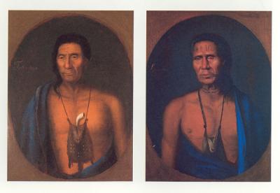 Two head and shoulders color portraits of bare-chested Indian chiefs.