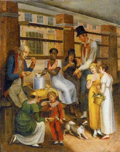  This painting shows a barefoot black woman ladling cups of soup from a pot for her white customers.