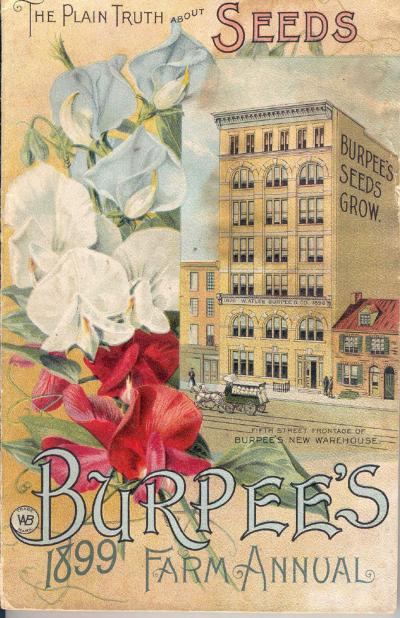 Burpee's Farm Annual front cover. Has a photo of the factory building.
